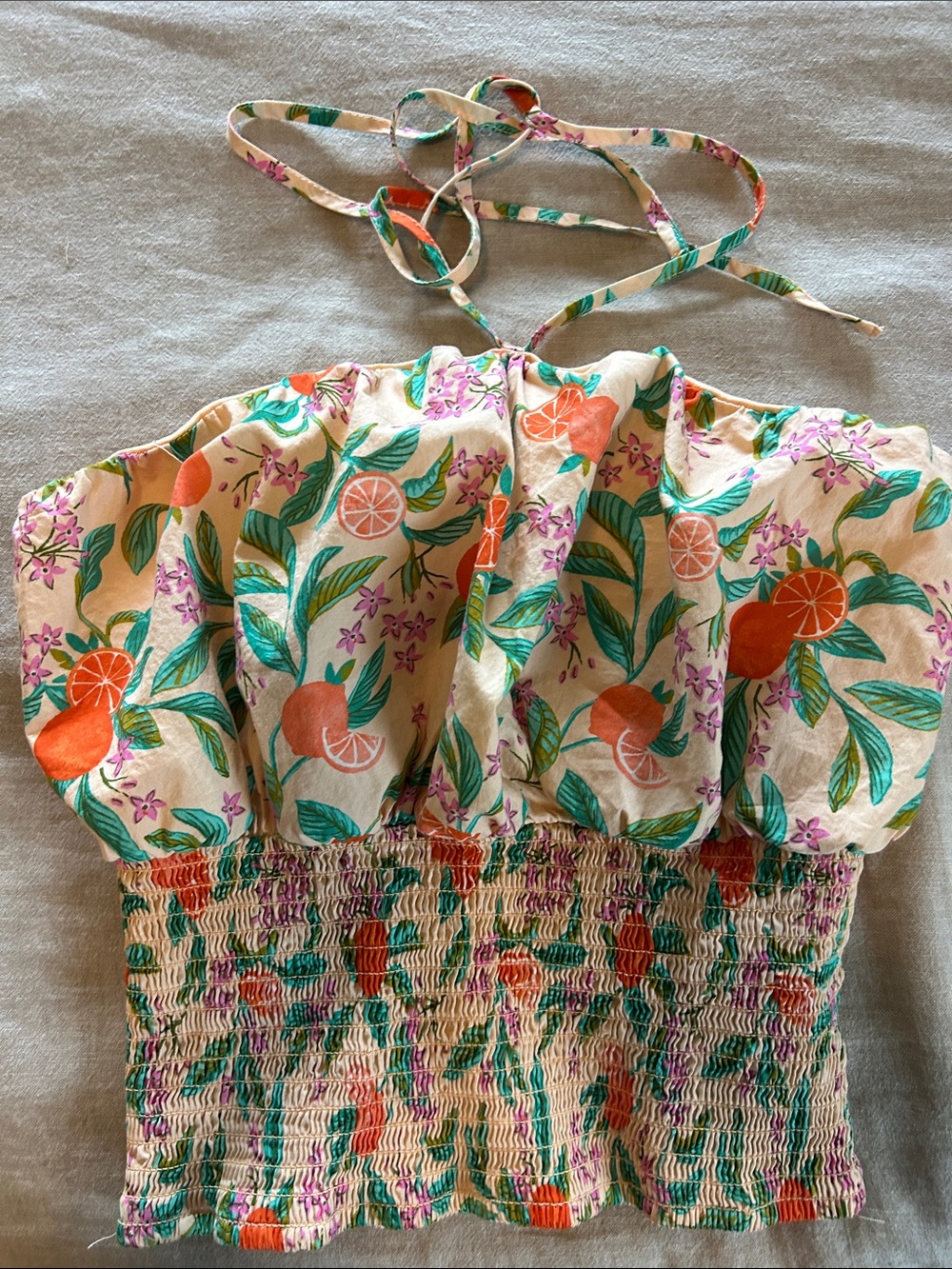 Versona Cream Crop Top with Orange & Green Fruit Print